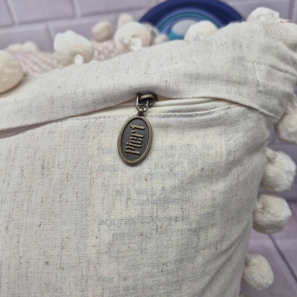 Pier 1 Decorative Pom Pom Throw Pillows Woven Pattern Neutral Colors 18x18in - Picture 5 of 5